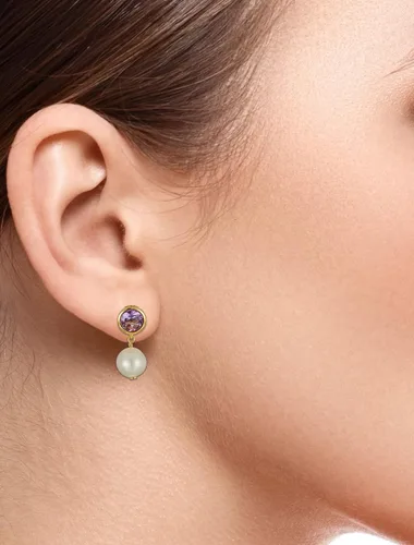 Miniatura 5 de Tienda Collection Aretes de tuerca chapados en oro amarillo de 18 quilates con bisel de piedra natal y perlas cultivadas de agua dulce