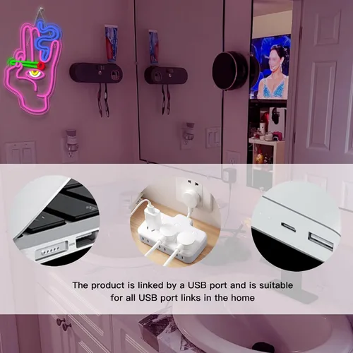 Miniatura 6 de WLHOPE Letrero de neón con mano de mal de ojo para decoración de pared, luces LED rosa y azul, letreros de luz Hamsa, conectividad USB, letreros