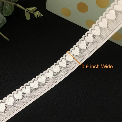 Miniatura 2 de Ribete de encaje elástico de 1 pulgada, cinta de encaje con patrón de corazón de 10 yardas de largo, ribete de encaje blanco para proyectos