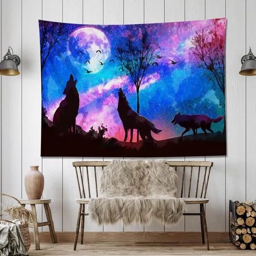 Miniatura 6 de HVEST Tapiz de lobo púrpura azul psicodélico cielo estrellado tapices luna y montañas paisaje natural para colgar en la pared para dormitorio, sala