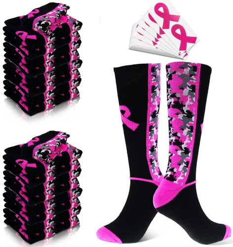 Miniatura 8 de Juego de calcetines de concientización sobre el cáncer de mama con accesorios de cinta rosa, calcetines de fútbol con cinta rosa de camuflaje grueso