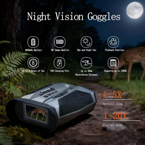 Miniatura 6 de Binoculares de visión nocturna para adultos con infrarrojos Gafas de visión nocturna digital con zoom de 20 × con fotos 4K, alcance de 984 pies