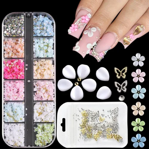 Miniatura 10 de Abalorios de uñas con flores 3D, flor acrílica rosa pastel 3D para uñas, cuentas de caviar doradas, decoración de uñas, kit de diamantes