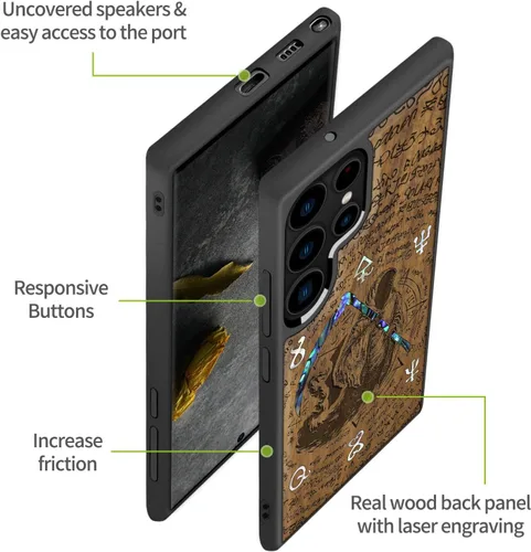 Miniatura 6 de Carveit Funda de madera de diseñador para Samsung Galaxy S22 Ultra (grabado en madera e incrustaciones de carcasa) compatible con cargadores Grim