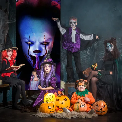 Miniatura 7 de Cartel de Halloween de payaso de Joker para decoración de puerta, telón de fondo de película de terror de truco o trato, asesino de personajes