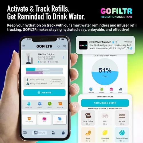 Miniatura 4 de GOFILTR Infusor de agua alcalina de magnesio jumbo - pH 9.5 + Electrolitos para cualquier botella/jarra grande de agua, 300 galones / 3 meses