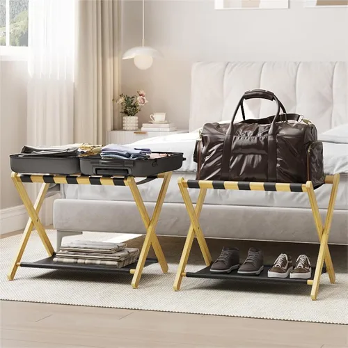 Miniatura 7 de Smart FENDEE Portaequipajes, portaequipajes plegable para habitación de invitados, soporte de maleta de bambú marrón con capacidad para hasta 131