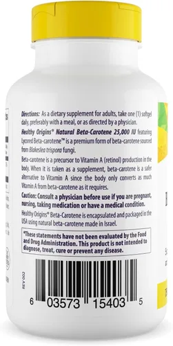 Miniatura 3 de Healthy Origins Betacaroteno 25,000 UI (7,500 mcg), suplemento de provitamina A para antioxidante, ojo e inmunitario, 180 cápsulas blandas