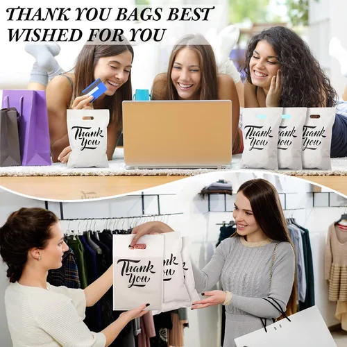 Miniatura 6 de Jeyiour 300 bolsas de mercancía de agradecimiento de 3 tamaños, bolsas de compras para negocios con asas, regalo de agradecimiento, bolsas de Blanco