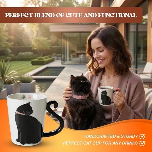 Miniatura 3 de VOTUM Taza de cerámica negra con gato blanco para café o té - Taza con forma de animal con diseños impresos a mano - Bonito regalo hecho a mano