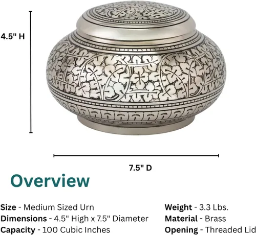 Miniatura 5 de Urna de cremación redonda de hojas de plata para cenizas, mediana, latón, urna de plata, urna de cremación de tamaño mediano, 4.5 pulgadas de alto