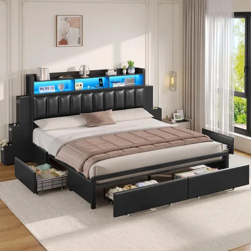 ADORNEVE Base de cama tamaño King con 10 cajones de almacenamiento y cabecera tipo estantería RGB, cama King tapizada en PU con estación de carga,