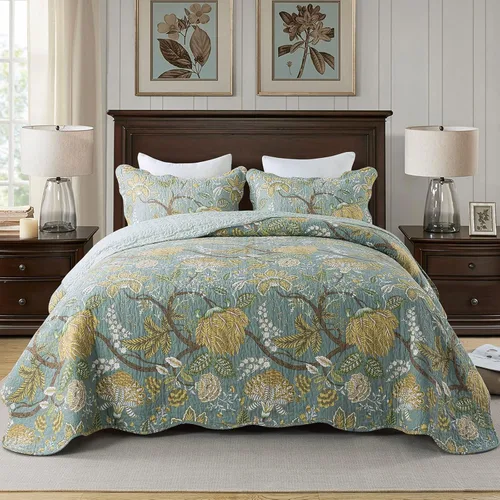 Miniatura 11 de Travan Juego de Edredón de 3 Piezas Tamaño King Colcha Acolchada Ligera Juego de Cubrecama Reversible con Estampado Floral Juego de Ropa de Cama