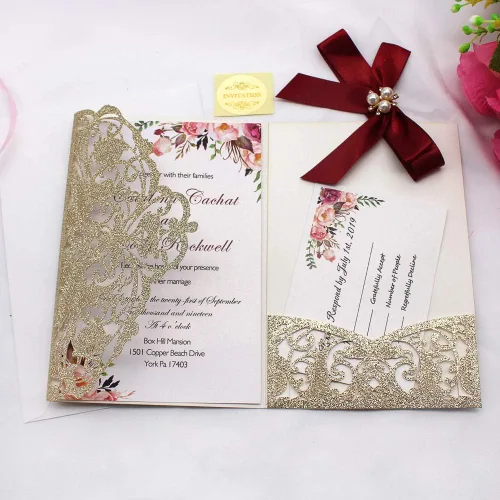 Miniatura 3 de AdasBridal 25 invitaciones de boda con purpurina de 250 GSM con tres pliegues con tarjetas de confirmación y sobres para boda, compromiso, despedida