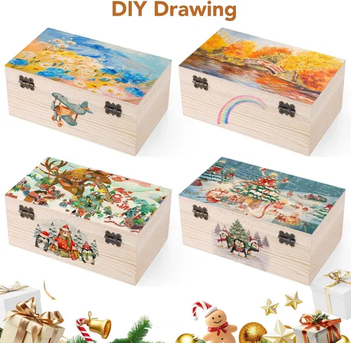Miniatura 6 de WSICSE Caja de madera sin pintar con tapa con bisagras, grande de 9.2 x 5.5 x 3.9 pulgadas para manualidades, almacenamiento de joyas, caja