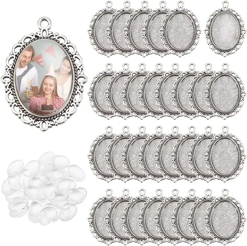 PH PandaHall 60 piezas de bisel colgante en blanco – 30 bandejas colgantes ovaladas para fotos con 30 cabujones de cristal para bodas, novias, ramo