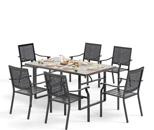 Miniatura 12 de SUNSHINE VALLEY Juego de 7 sillas de comedor para patio, material metálico, 6 sillas de comedor de color teca rectangular con agujero para sombrilla
