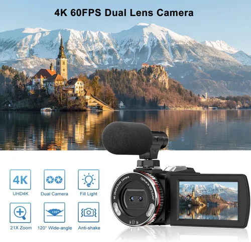 Miniatura 2 de Cámara de Video, Videocámara 4K, Cámara de 64MP 30FPS de Doble Lente con Micrófono Inalámbrico para Vlogging YouTube, Pantalla Ultra HD de 3