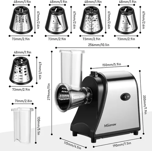 Miniatura 7 de Rebanadora/Ralladora Eléctrica de 250W para Queso en Bloque, Rallador Eléctrico Profesional 5 en 1 para Verduras, Preparador de Ensaladas, Zanahoria