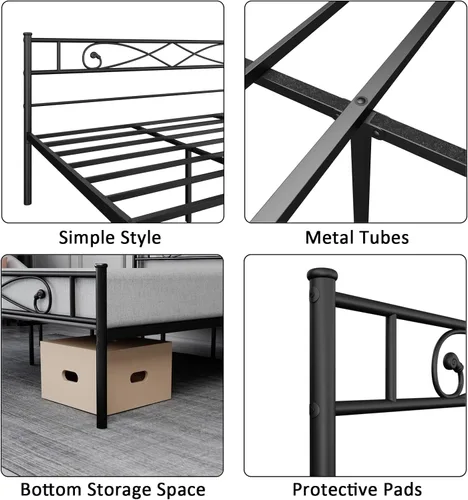 Miniatura 8 de Base de cama de plataforma metálica King con cabecero, soporte de listones de acero resistente, base de colchón, almacenamiento debajo de la cama