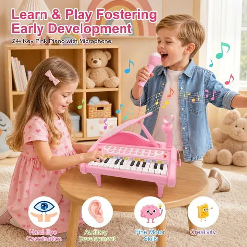 Miniatura 5 de Love&Mini Juguetes de piano rosa para niñas de 1 año o más, regalos de primer cumpleaños, piano para niños pequeños, instrumentos de juguete musical