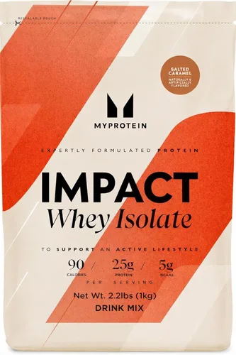 Myprotein Impact - Aislado de proteína de suero de leche, 2.2 libras (40 porciones) de caramelo salado, 0.88 oz de proteína y 0.18 oz de BCAA por
