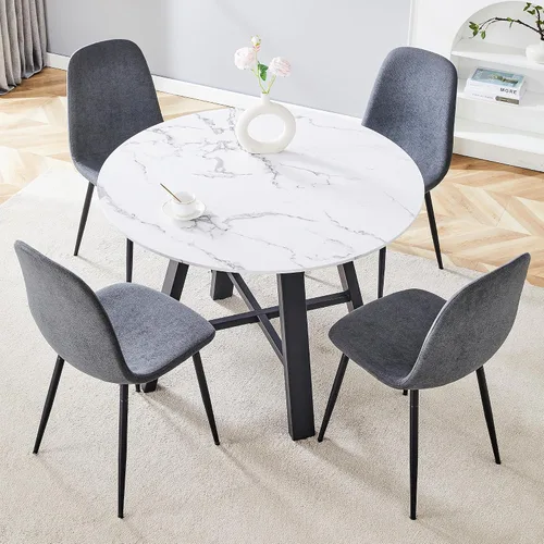 Miniatura 26 de Juego de 4 mesas de comedor redondas de 42 pulgadas para 4, sillas de mesa de cocina modernas, juego de 4 sillas tapizadas de madera con patas