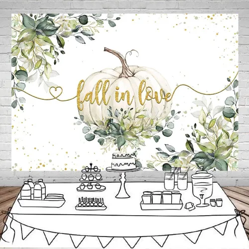 Miniatura 2 de Mocsicka Fondo de fondo de otoño enamorado, tema de boda, hojas de eucalipto verdes, lunares dorados, calabaza, fondo de vinilo, calabaza