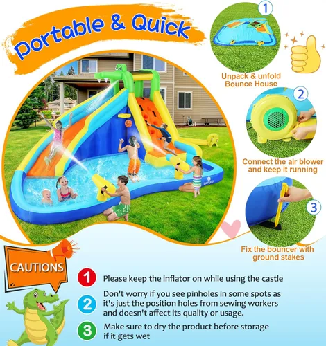 Miniatura 5 de Parque acuático inflable de la casa de la despedida - Diapositiva para niños con soplador de aire, piscina de salpicaduras y diseño de castillo