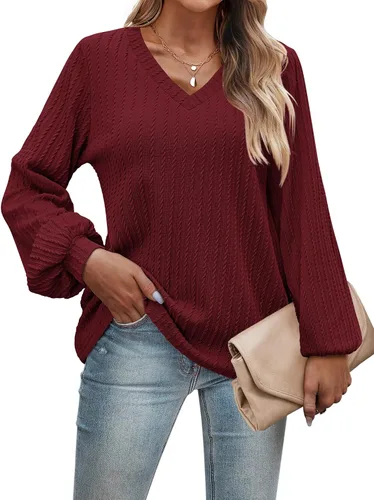 HOTOUCH Women's Long Sleeve Tops V Neck Lantern Sleeve Blouse Dressy Casual Ribbed Knit Tunics Loose Fit Fall Shirts 2023