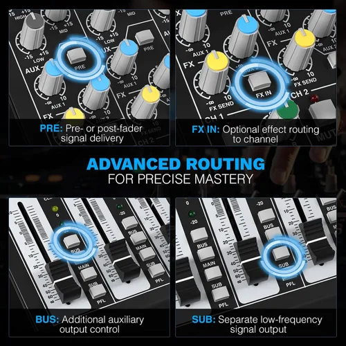 Miniatura 3 de Mezclador de audio profesional de 8 canales, tablero mezclador de sonido Phenyx Pro DJ con auxiliar flexible, bus y sub enrutamiento, 16 DSP