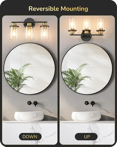 Miniatura 4 de EDISHINE Lámparas de baño, 3 luces de tocador de baño sobre el espejo, lámpara moderna de pared de baño con pantalla de vidrio transparente