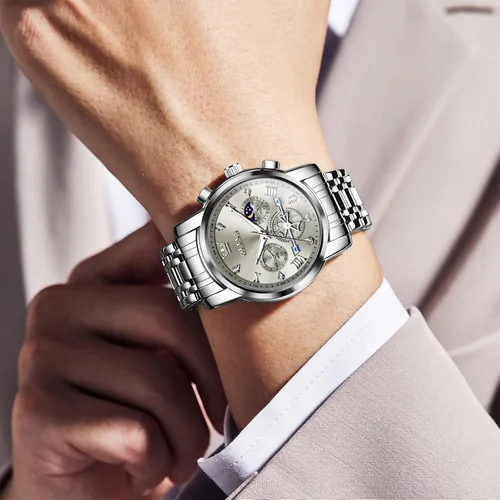 Miniatura 3 de OLEVS Relojes para hombre de acero inoxidable con cronógrafo, reloj de pulsera grande analógico de cuarzo, relojes de vestir impermeables de moda
