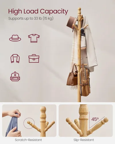 Miniatura 3 de VASAGLE Perchero de madera maciza y soporte, árbol de pasillo independiente con 10 ganchos para sombreros, bolsos, carteras, para entrada, pasillo
