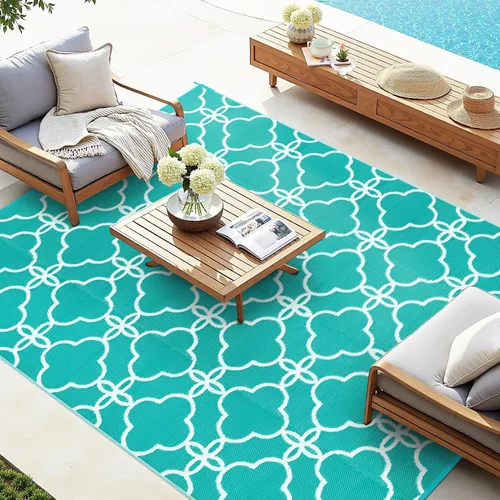 Miniatura 8 de Ashler - Alfombra de paja de plástico para exteriores, 5 x 8, reversible, color azul pálido, diseño moderno con flores para caravana, patio trasero