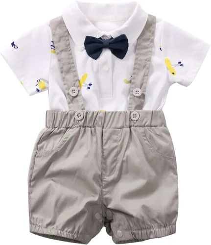 YFYBaby Conjunto de ropa de caballero para bebés recién nacidos y niños, camisa de manga corta + pantalones con peto + overol con lazo