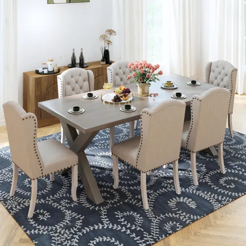 Miniatura 7 de Ya-Home Juego de 2 sillas de comedor copetudas, sillas de comedor tapizadas de lino, sillas de comedor modernas de mediados de siglo con adornos