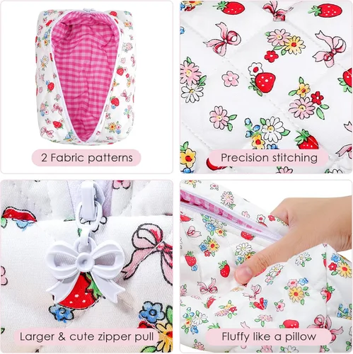 Miniatura 9 de SINOKAME Bolsa de maquillaje acolchada, bolsa de cosméticos hecha a mano de fresa, estuche organizador de maquillaje floral de coqueta, organizador