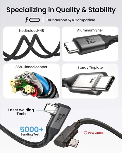 Miniatura 5 de Silkland Cable USB 4 en ángulo recto de 80 Gbps para cable Thunderbolt 5 de 4 pies, ancho de banda de 120 Gbps para 16 K/Dual 8K, 240 W, cable