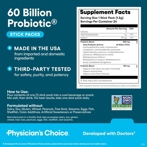 Miniatura 6 de Physician's Choice Paquetes de probióticos en barra de 60 mil millones de UFC, 10 cepas + prebióticos, salud inmunológica, digestiva e intestinal