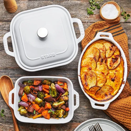 Miniatura 2 de STAUB Juego de 4 sartenes de cerámica para hornear, cacerola con tapa, sartén para brownies, color blanco