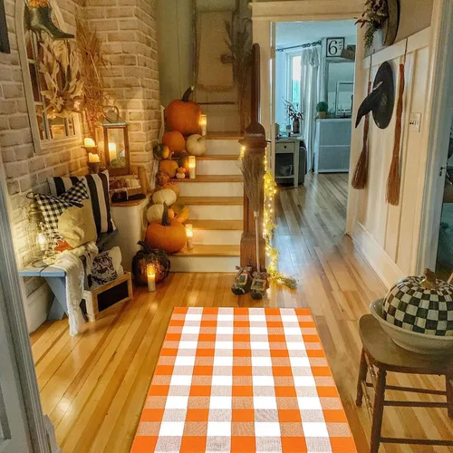 Miniatura 5 de Bottalive Alfombras para Exteriores de Cuadros Buffalo, 3'x5' Alfombra de Área a Cuadros Naranja y Blanco para Interiores/Exteriores, Alfombra