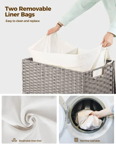 Miniatura 29 de GREENSTELL Cesta para ropa sucia con ruedas y tapa, 130 L, cesta grande de 3 secciones con 2 tipos de bolsas de forro extraíbles, 5 bolsas de malla