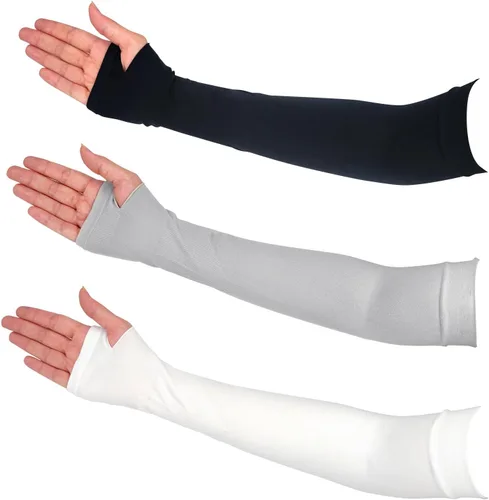 Medsuo 3 pares de cómodas mangas para brazos con protección para el pulgar con agujero para el pulgar, 3 colores de compresión, largas para mujer,