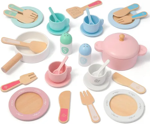 SimpliPlay Set de platos y platos de madera de juguete para cocina, 30 piezas Accesorios de cocina Montessori de madera para niños pequeños con