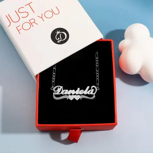 Miniatura 6 de Drawelry Collar con nombre personalizado de dos tonos con placa de oro de 18 quilates, chapado en doble corazón, placa con dije de placa de nombre