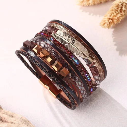 Miniatura 7 de Fesciory - Pulsera de leopardo para mujer, estilo bohemio de cuero multicapa con perlas de cristal