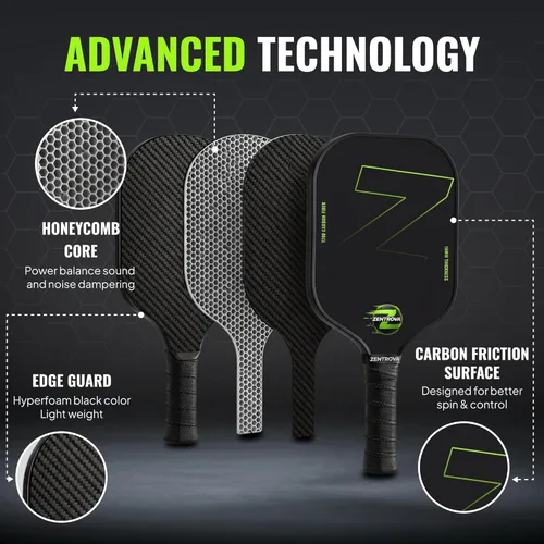 Miniatura 3 de ZENTROVA - Pala de pickleball de fibra de carbono – Superficie de carbono crudo T700, núcleo de panal de polipropileno de 0.630 in, giro y control
