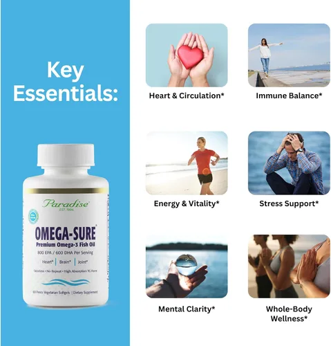 Miniatura 2 de Paradise Herbs Omega-Sure, concentrado de omega-3, aceite de pescado premium, DHA, EPA, vegano, sin OMG, sin gluten, 60 cápsulas blandas vegetarianas