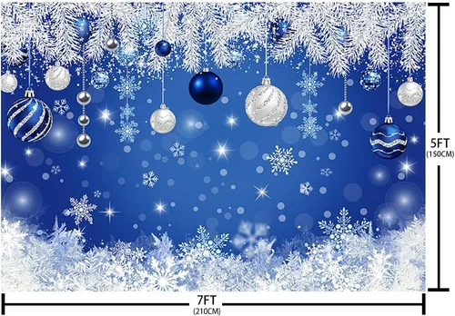 Miniatura 5 de AIBIIN Telón de fondo de Navidad de invierno de 7 x 5 pies para fotografía, campana azul plateada con purpurina, copo de nieve, aguja de pino